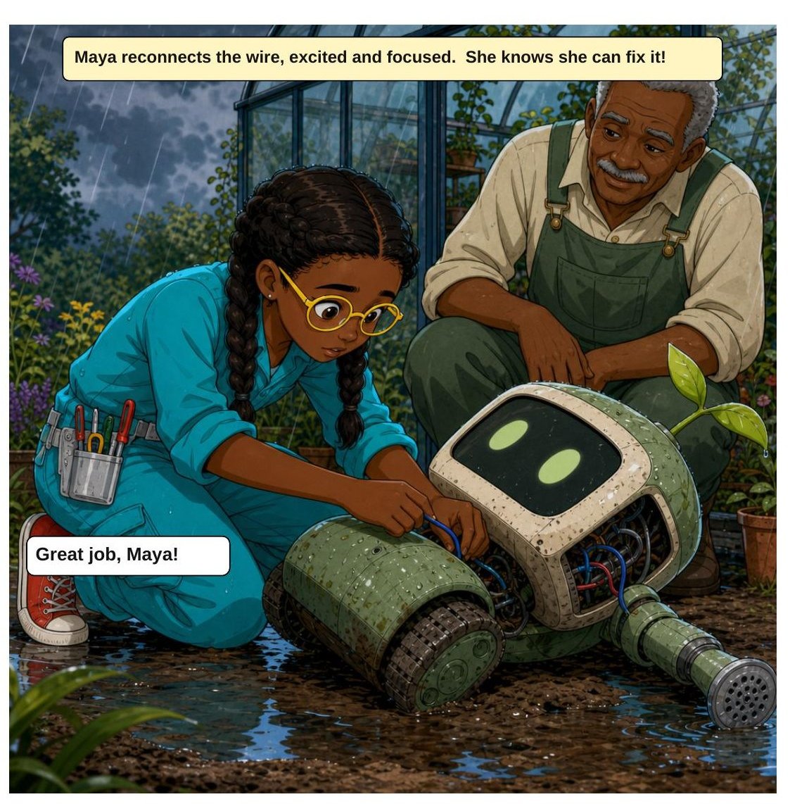 Maya and the Broken Garden Robot, panel 4: She reconnects the wire — focused, and sure she can fix it.