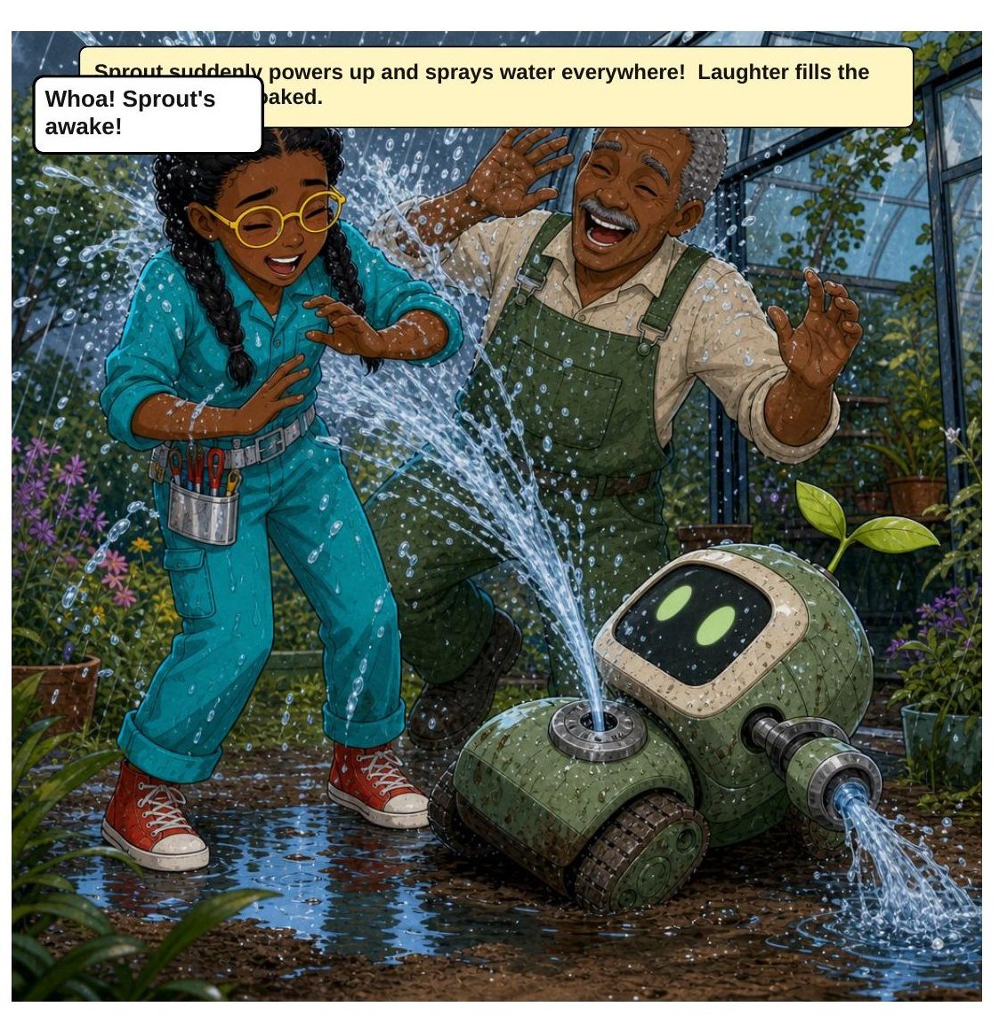 Maya and the Broken Garden Robot, panel 5: Sprout powers up and sprays water everywhere.