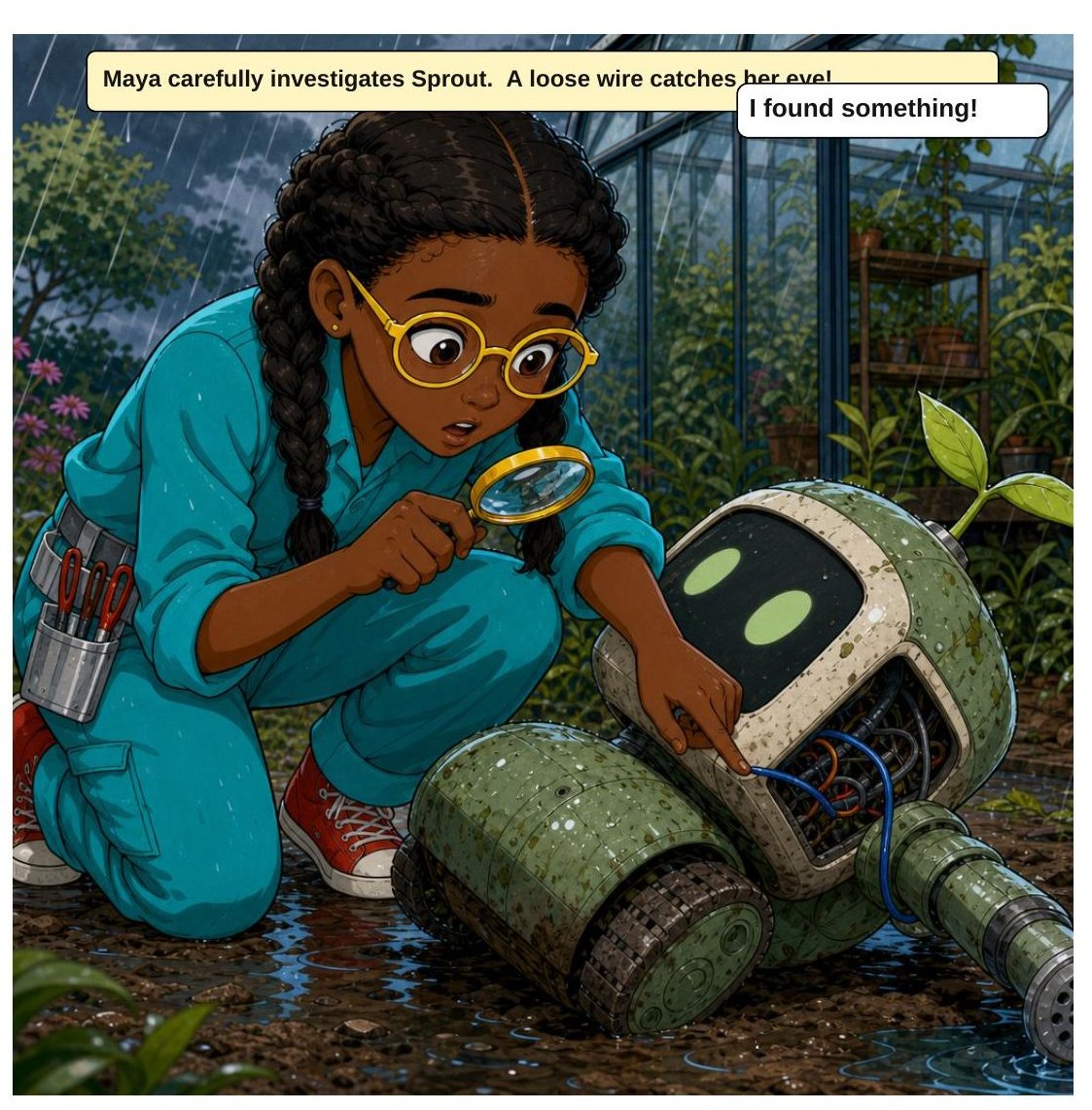 Maya and the Broken Garden Robot, panel 3: Maya inspects Sprout and spots a loose wire.