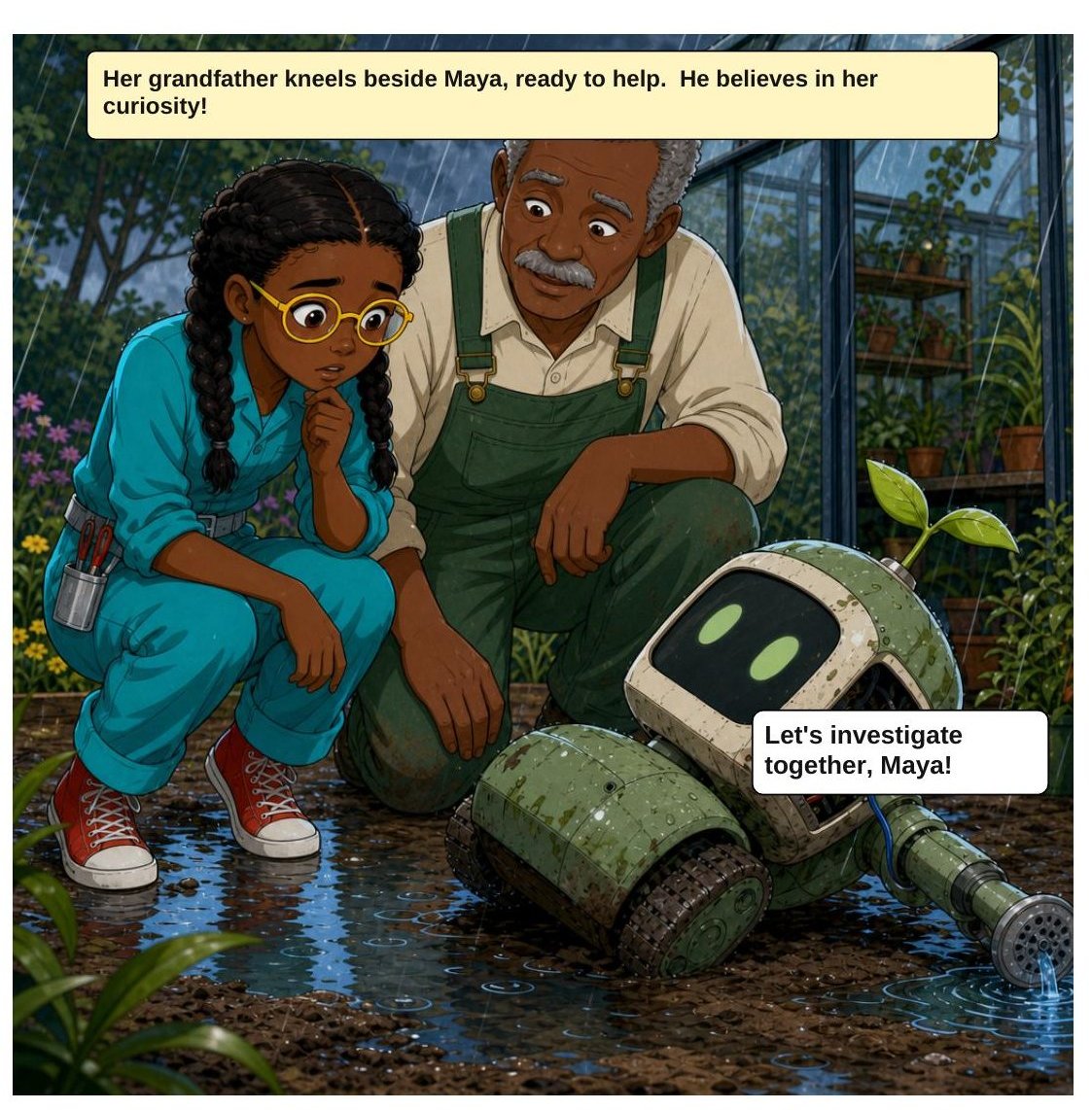 Maya and the Broken Garden Robot, panel 2: Her grandfather kneels beside her: “Let’s investigate together.”