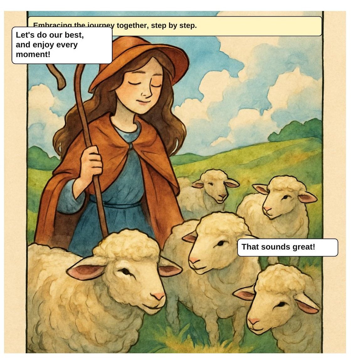 Embrace the Journey, panel 1: Opening panel — warmth over incident.