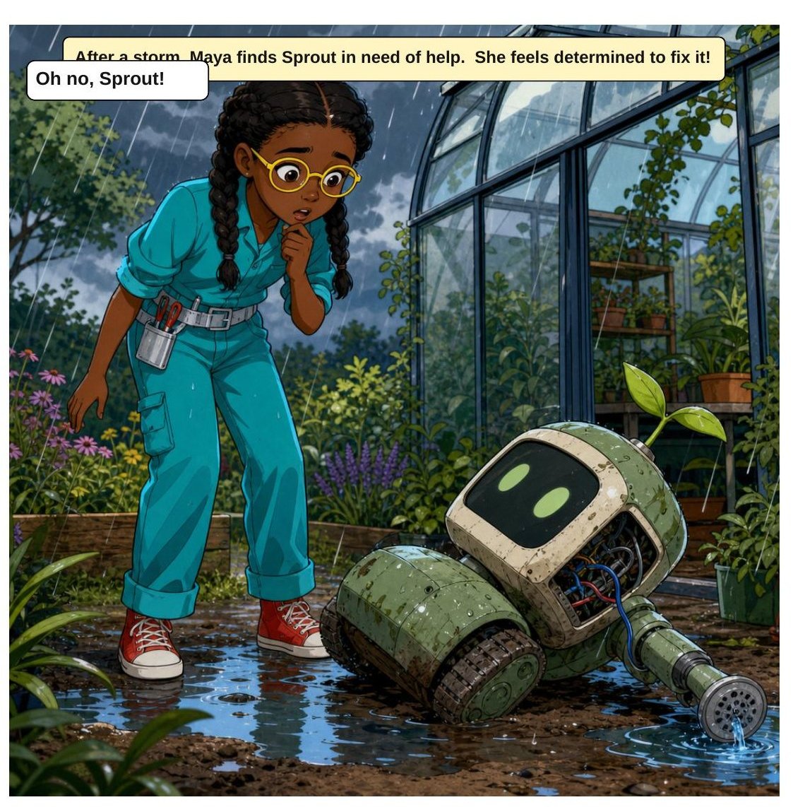 Maya and the Broken Garden Robot, panel 1: After a storm, Maya finds Sprout in need of help.