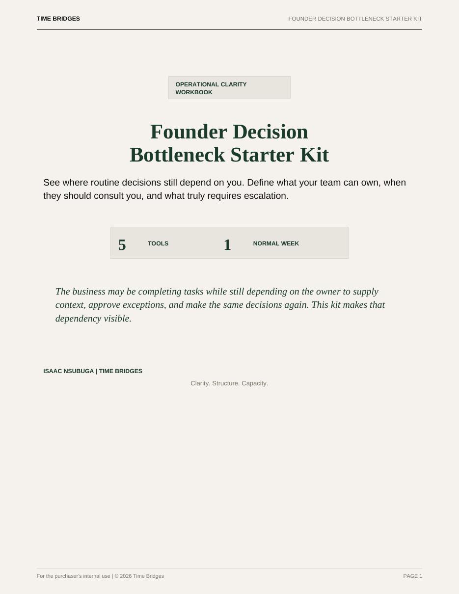 First page of Founder Decision Bottleneck Starter Kit