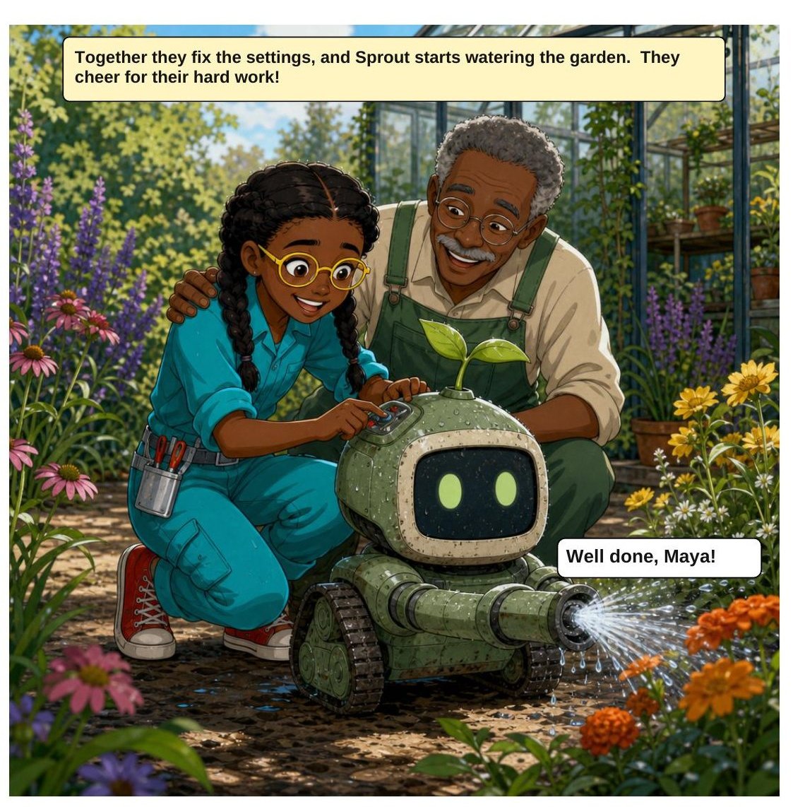 Maya and the Broken Garden Robot, panel 6: Together they fix the settings and the garden gets watered.